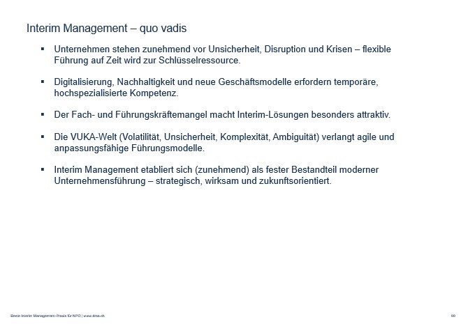 Slide aus der Seminar-Präsentation «Die Praxis des Interim Managements» basierend auf dem Praxisleitfaden «Grundlagen Interim Management» von Matthias Schweizer